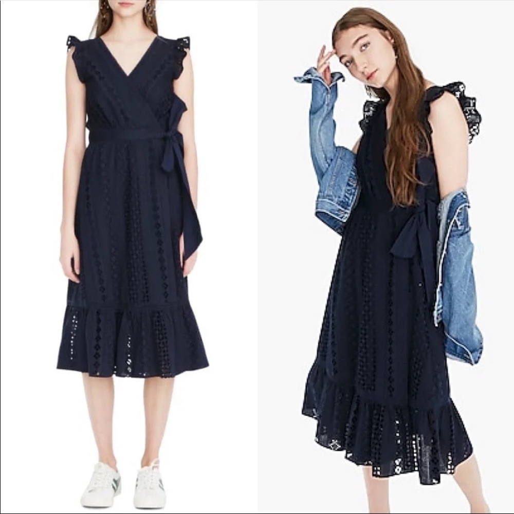 J.Crew size 6T Navy Midi Wrap Dress Allover Eyelet